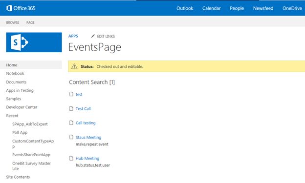 Events page in office 365